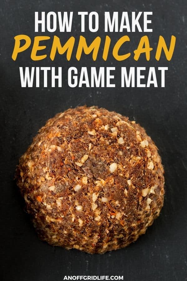 A pinterest image of a round piece of pemmican with text overlay "how to make pemmican with game meat".