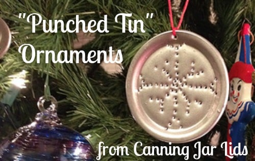Create pioneer-inspired Christmas crafts for kids by punching tin ornaments from a canning jar.