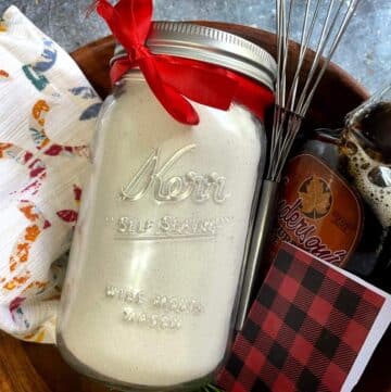 A mason jar filled with ingredients for my mason jar pancake recipe.