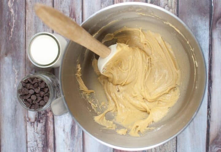 Mixing sourdough chocolate chip muffins