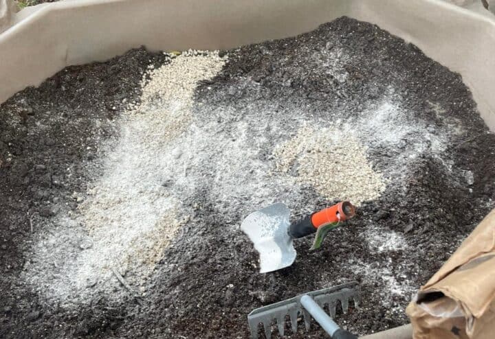 Mixing the chicken dust bath ingredients.