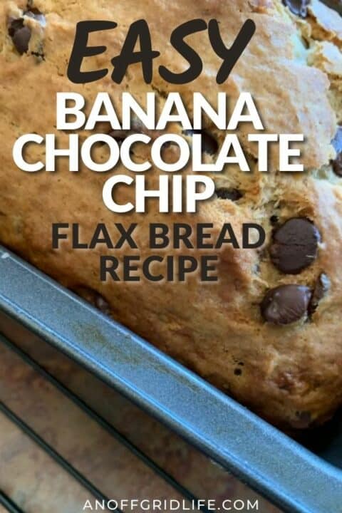 a pinterest image of a banana chocolate chip bread loaf with text overlay "easy banana chocolate chip flax bread recipe"