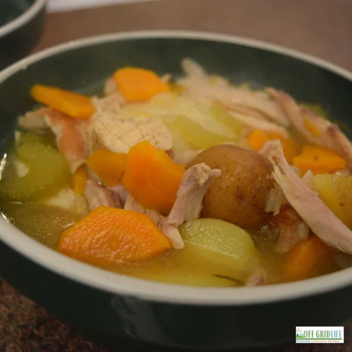 a green bowl filled with rabbit stew, carrots, potatoes and celery