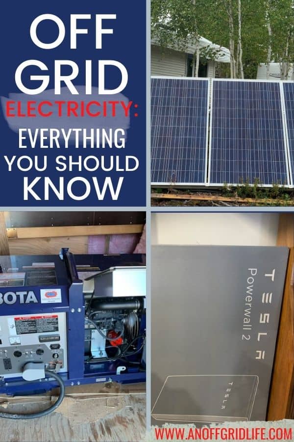 Off Grid Electricity: Everything You Need to Know text overlay on collage image of solar panels, generator and Tesla 2 Powerwall
