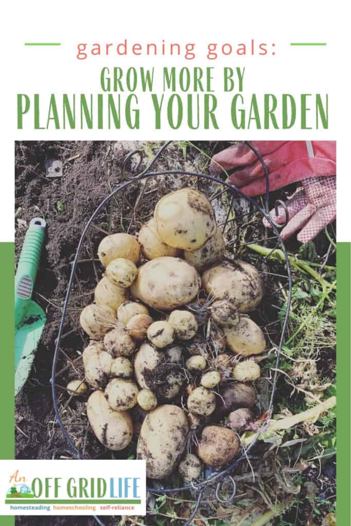 Freshly dug potatoes in a wire basket in the garden outdoors - text overlay is Gardening Goals: Grow More by Planning your Garden