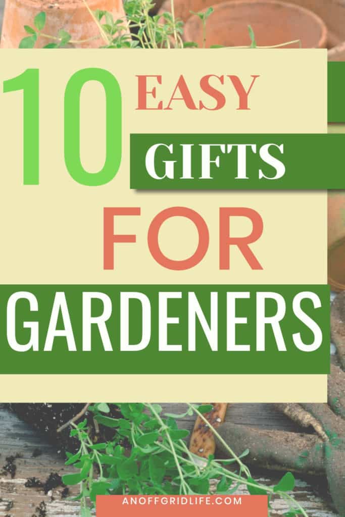 Plants in clay pots with text overlay of 10 Easy Gifts for Gardeners