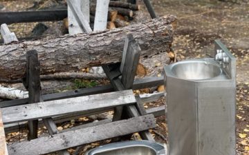 A toilet in a wooded area with logs in front of it.