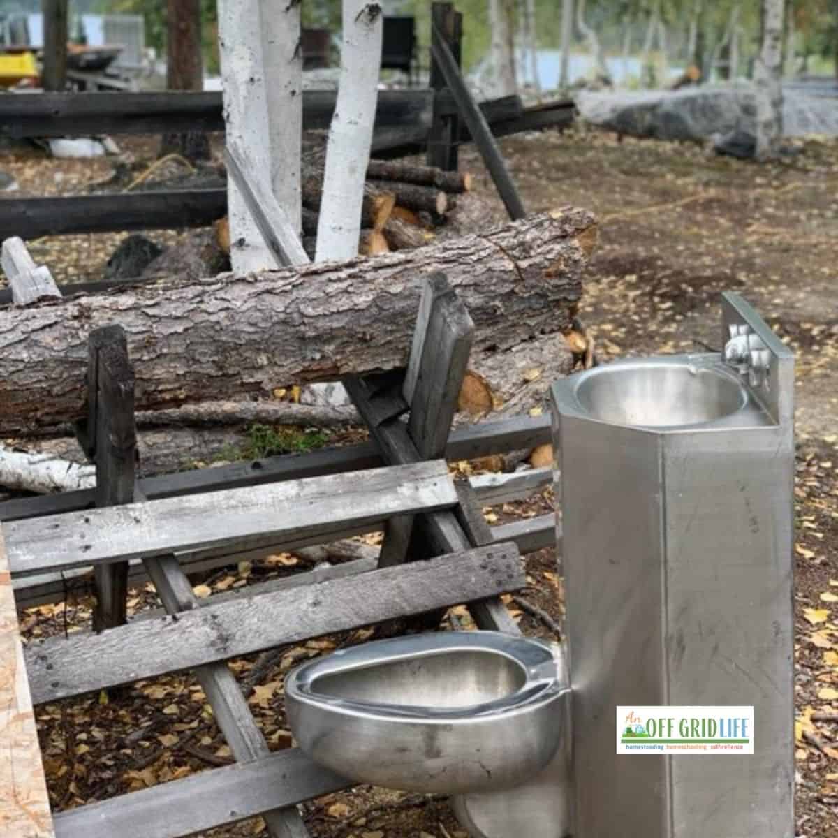 A toilet in a wooded area with logs in front of it.
