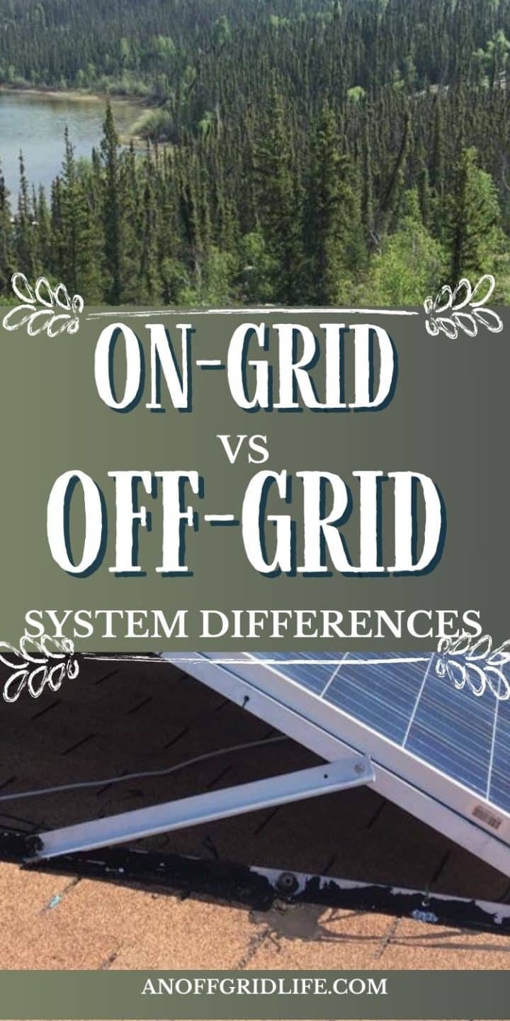 A collage image with lush greenery and a river in the background and a close-up of a solar panel in the foreground. Text reads "ON-GRID vs OFF-GRID System Differences" with the website "ANOFFGRIDLIFE.COM" below.