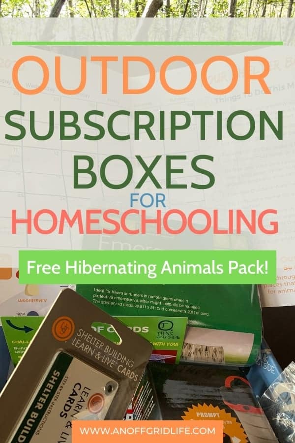 Outdoor Subscription Boxes for Homeschooling text overlay on image of the Think Outside Boxes shelter box and gear
