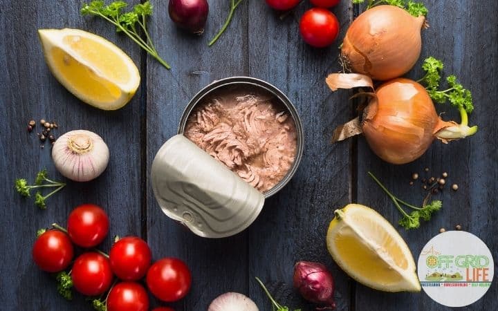 A picture of a can of fish surrounded by fresh vegetables