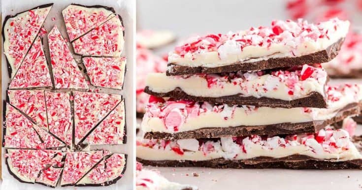 Chocolate bark topped with crushed peppermint candy, perfect for homemade food gifts, shown cut into pieces on the left and stacked on the right.