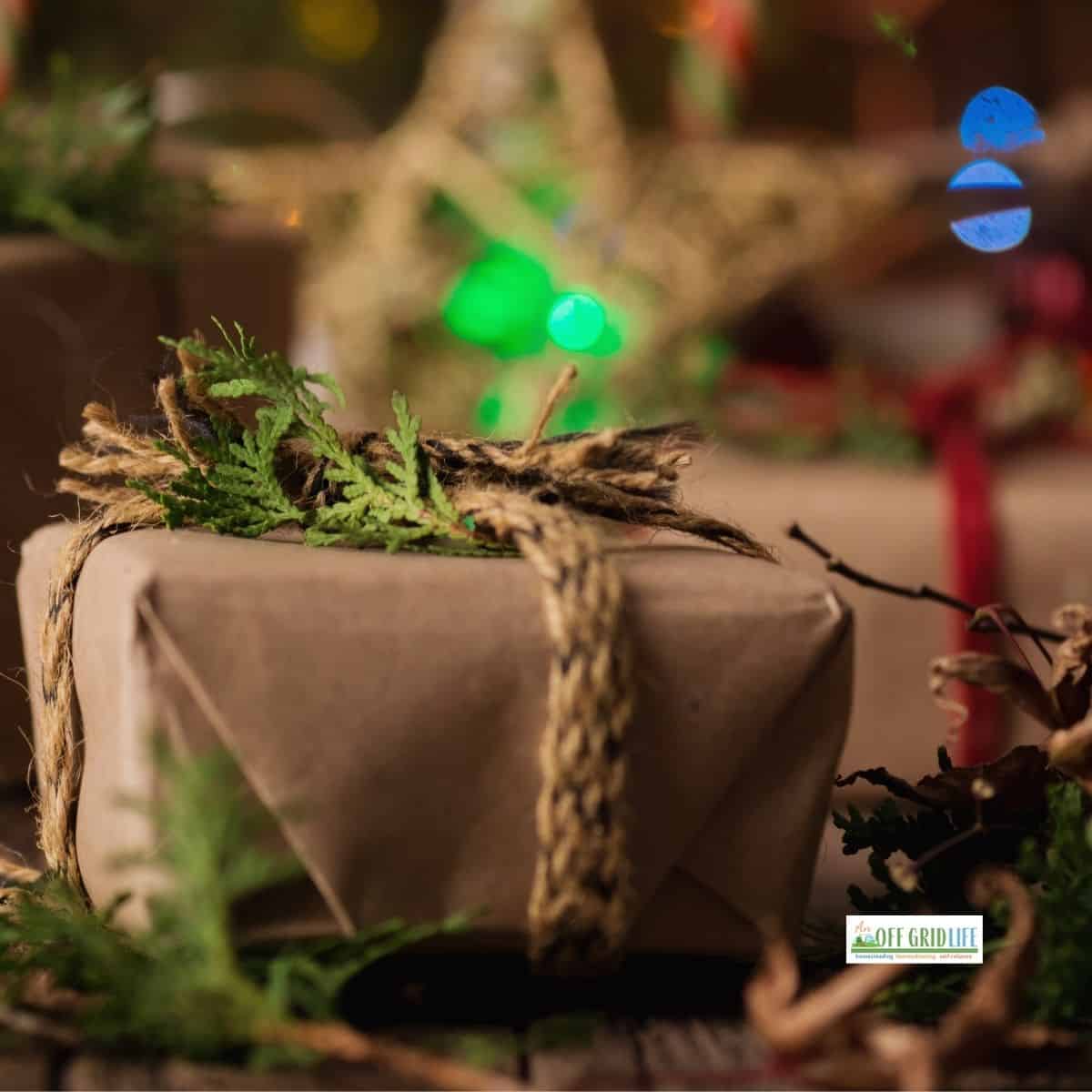 box wrapped in brown paper and rope with cedar sprigs