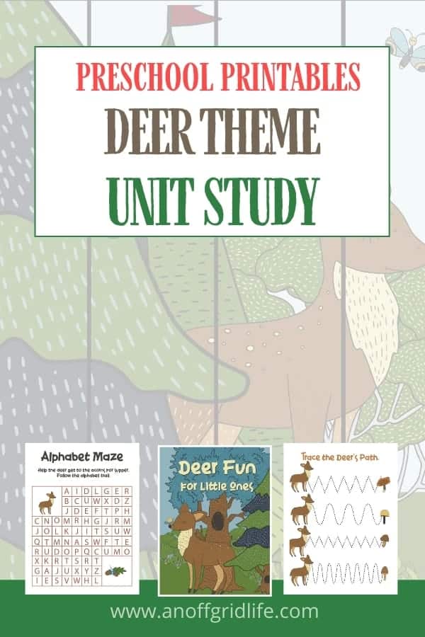 Preschool Printables Deer Theme Unit Study text overlay on images of printable worksheets for children with a deer theme