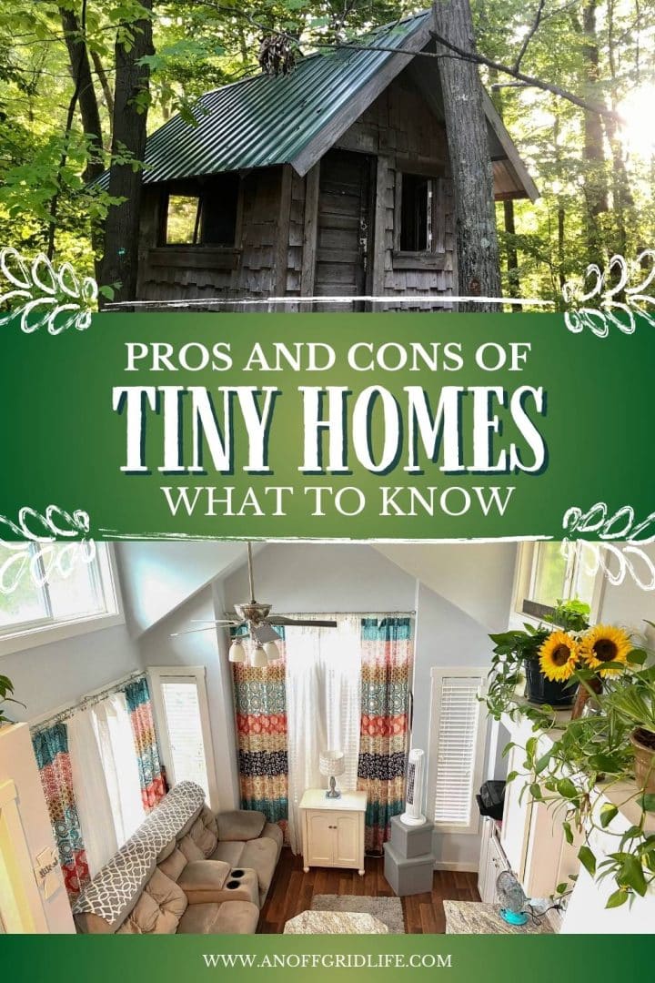 A two-tiered image: the top shows a small wooden treehouse in a forest; the bottom shows a cozy living room with a couch and colorful curtains. Text: "Pros and Cons of Tiny Homes: What to Know.