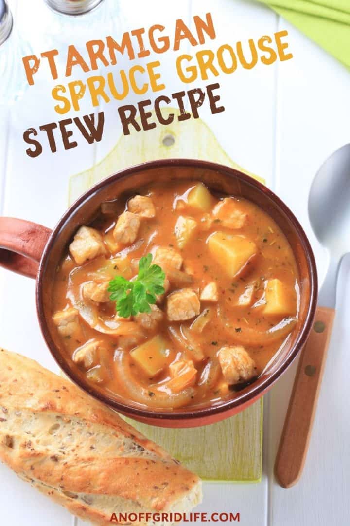 A pinterest image of a bowl of ptarmigan stew, with a spoon and slice of bread next to it. Text overlay "ptarmigan spruce grouse stew recipe.