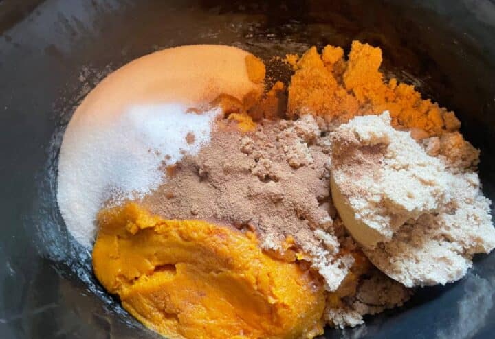 The ingredients for pumpkin butter in a slow cooker.