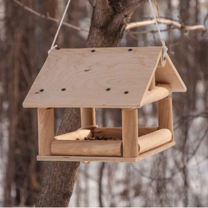Wooden bird feeder hanging from a tree branch, filled with birdseed, against a blurred winter background.