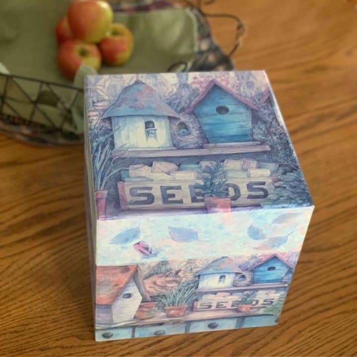 A wooden box for heirloom seeds with a birdhouse on it.