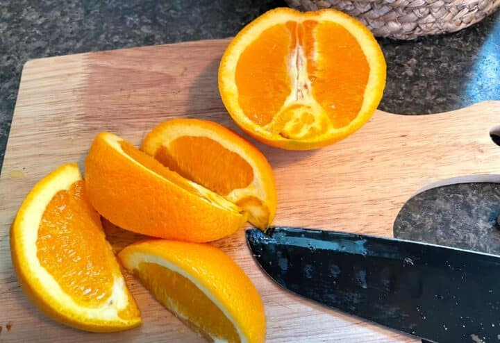 A knife on a cutting board.