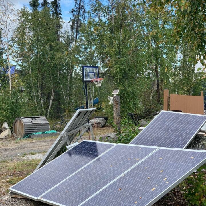 A basketball hoop and solar panels in a yard.