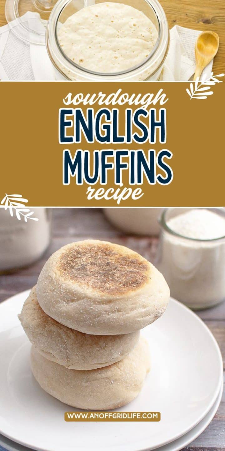 Sourdough English muffins stacked on a plate; above is a bowl of sourdough starter. Text reads: "Sourdough English Muffins Recipe.