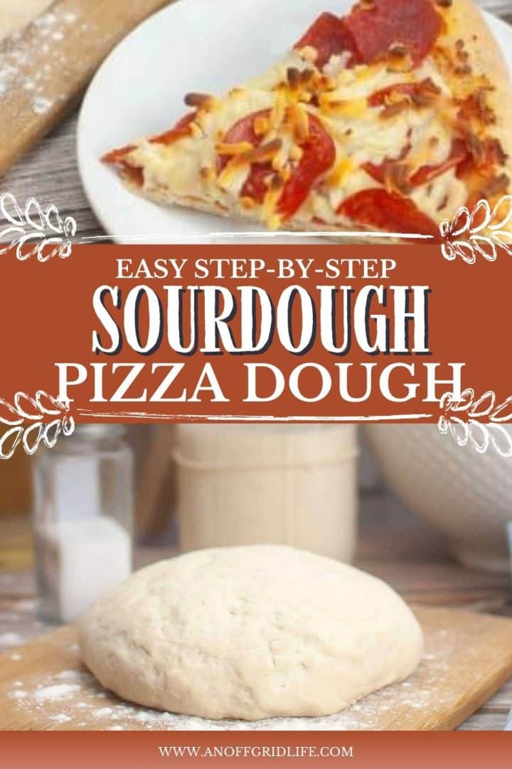 A promotional image for a sourdough pizza dough recipe, featuring a pizza slice on a plate above and a ball of dough below. Text reads: "Easy Step-by-Step Sourdough Pizza Dough.