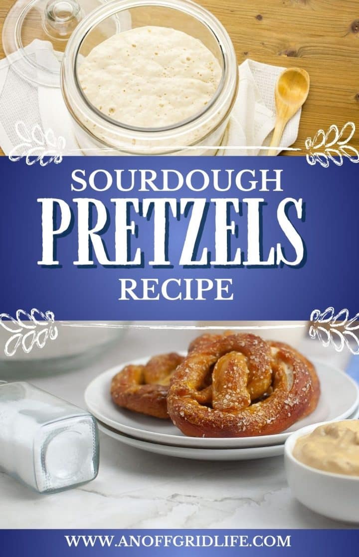 Image showing a recipe card for sourdough pretzels. The top portion displays a bowl of dough. The bottom half shows a plate with finished pretzels, a salt shaker, and a small bowl of mustard.