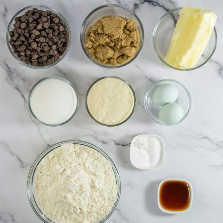 Ingredients for sourdough discard chocolate chip cookies recipe.