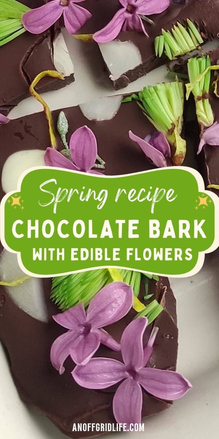 Chocolate bark with purple and green edible flowers, labeled "Spring Recipe: Chocolate Bark with Edible Flowers.