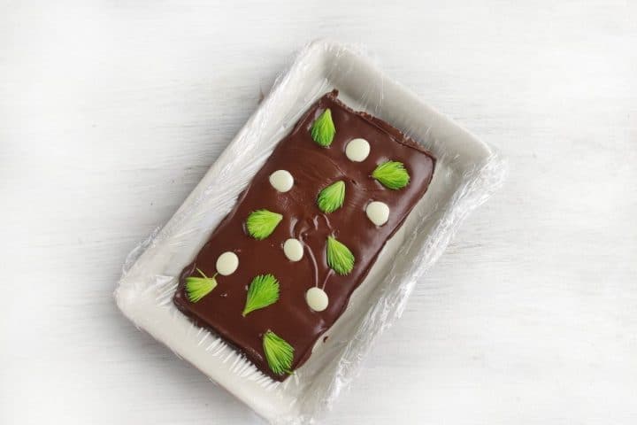 A rectangular chocolate cake, adorned with white round toppings and vibrant green leaves, sits elegantly in a plastic-wrapped dish on a light surface, reminiscent of the fresh renewal found in spring.