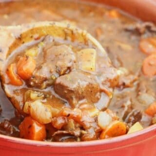 a hearty northern venison stew with a wooden spoon and a red dutch oven pot