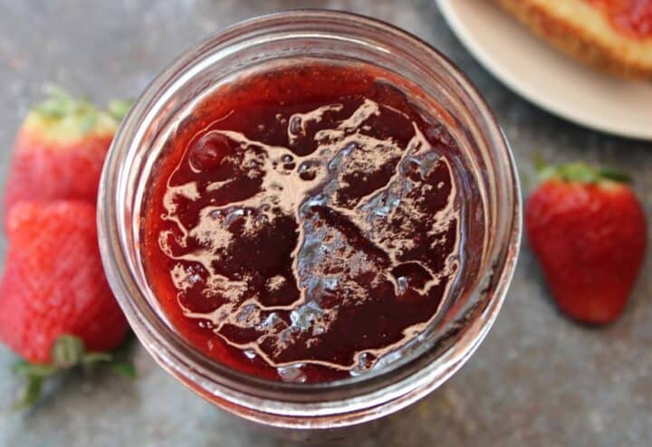 Strawberry jam in mason jar.