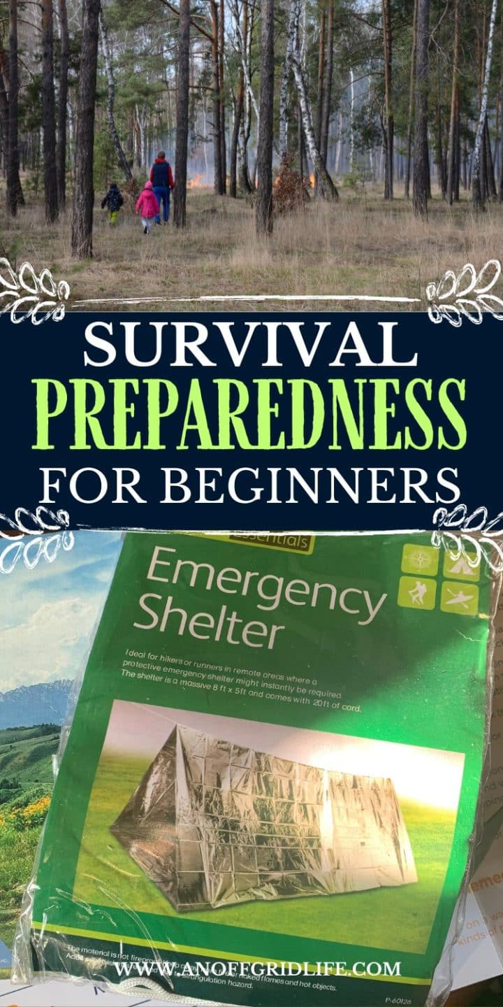A family walks through a forest. Below, a book titled "Survival Preparedness for Beginners" is shown next to an emergency shelter package.