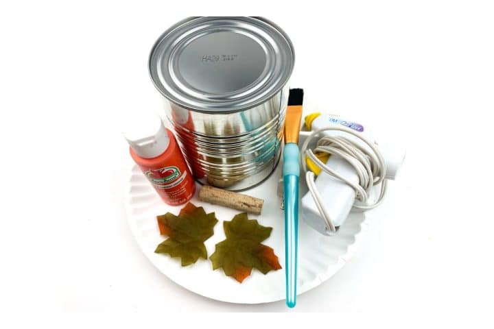 A paint can, brush, red paint, power cord, two fabric leaves, and a piece of wood arranged on a white paper plate.