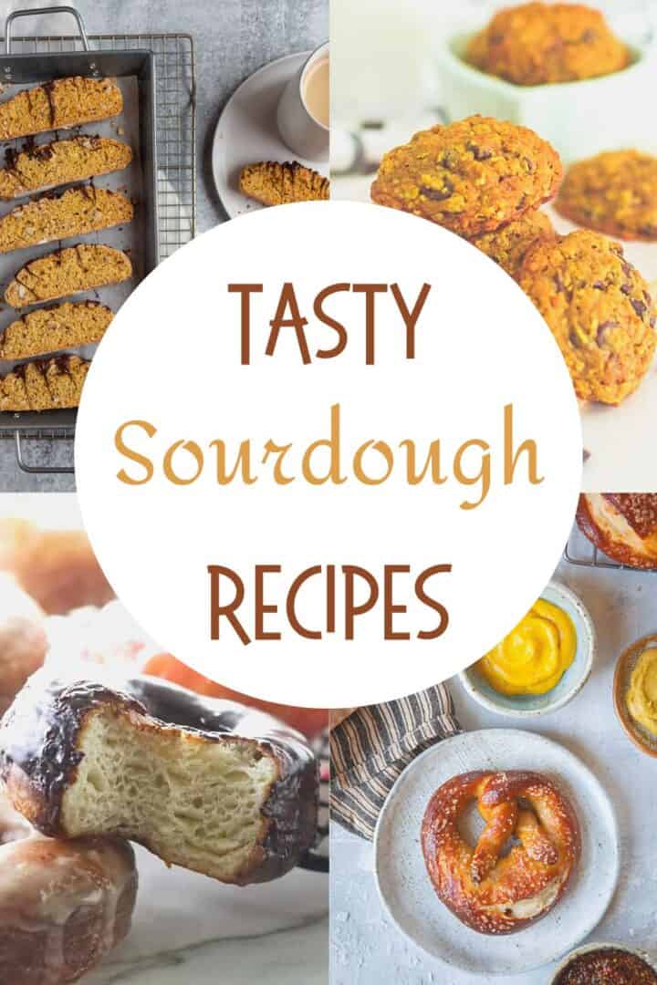 Tasty Sourdough Bread Recipes text overlay on images of sourdough foods