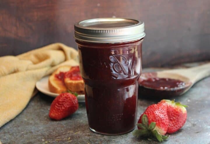 Water bath canning strawberry jam.