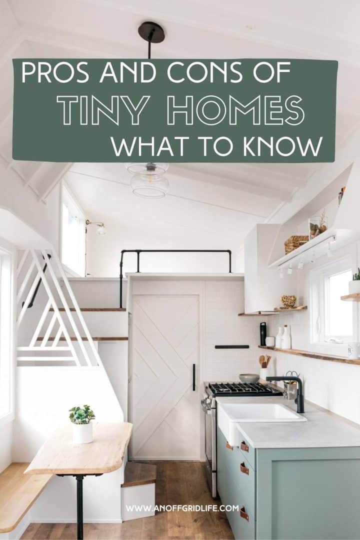Modern tiny home interior with white walls and light wooden accents. A kitchen area is visible with a small table, plants, and shelving. Text overlay reads, "Pros and Cons of Tiny Homes: What to Know.