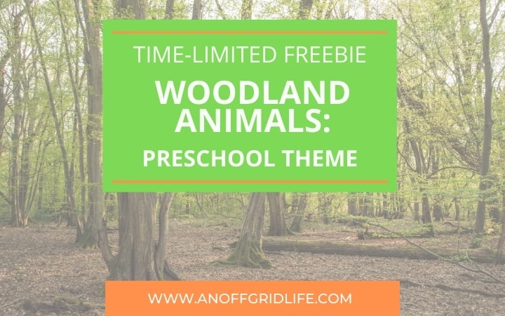A green and orange banner over a forest scene reads, "Time-limited freebie: Woodland Animals Preschool Theme." The website anoffgridlife.com appears at the bottom. Perfect for exploring woodland animals in your preschool theme activities.