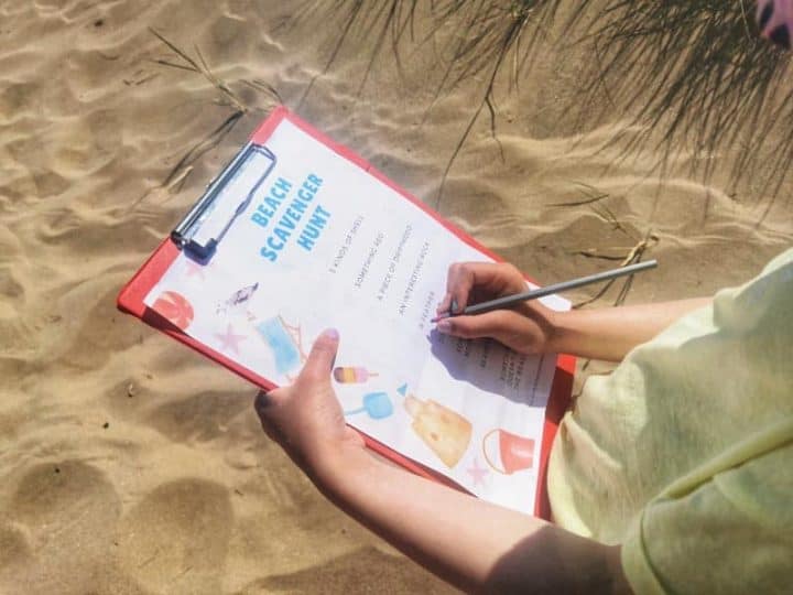 beach scavenger hunt on clipboard