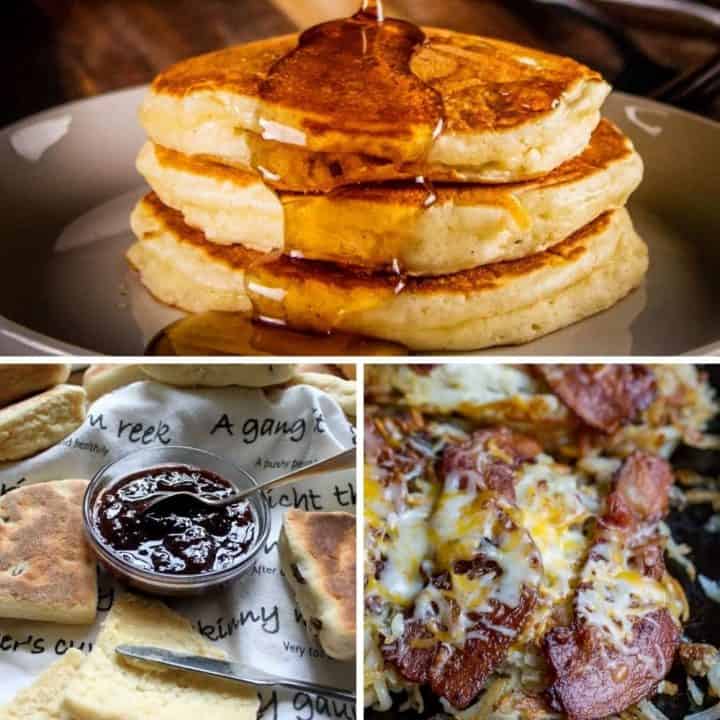 A griddle breakfast collaging pancakes, bacon, sausage, and jam.