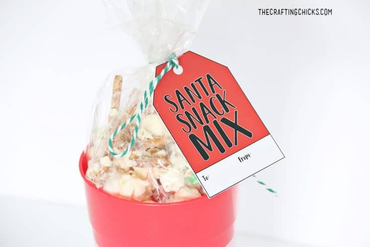 A red bowl holds a bag of snack mix with a red "Santa Snack Mix" tag and spaces for "To" and "From," perfect for homemade food gifts.