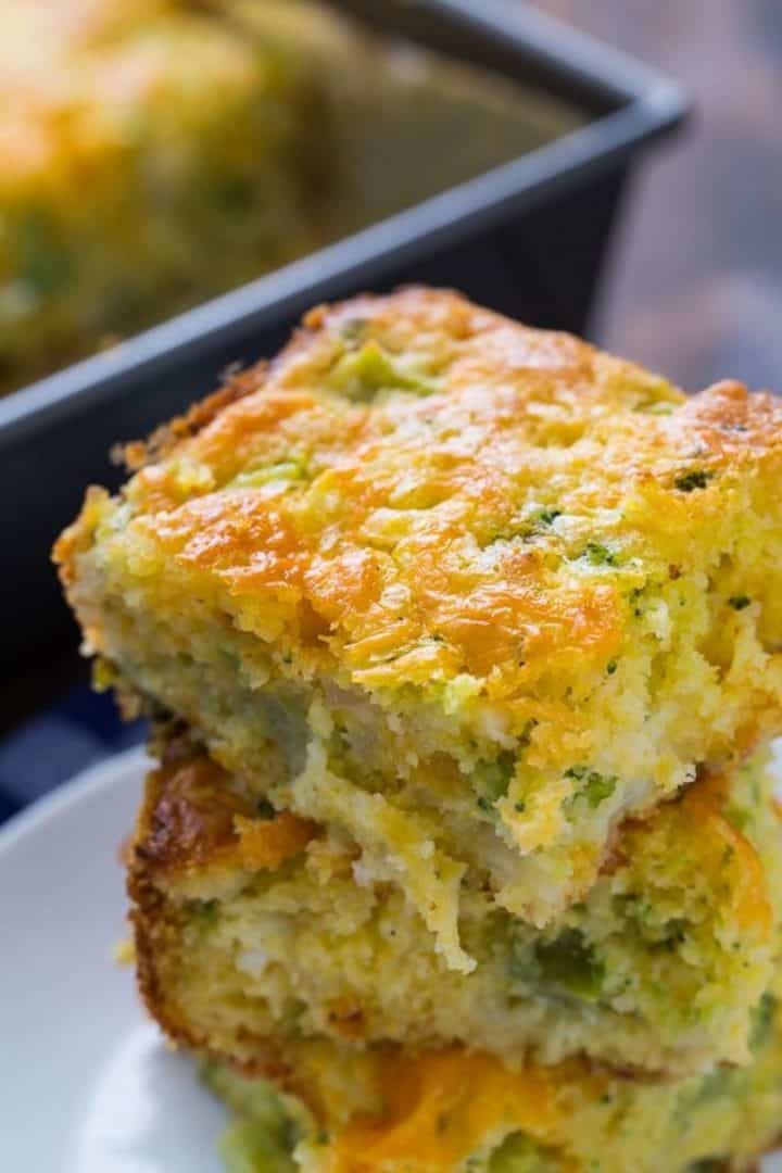 cheesy broccoli cornbread stacked