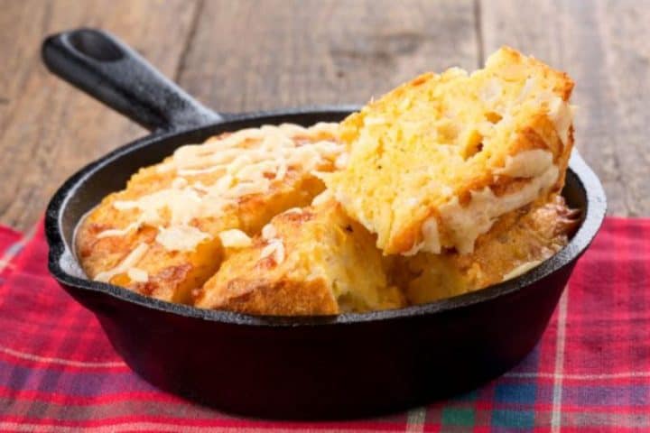 cheesy skillet cornbread in cast iron pan