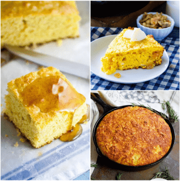 Square collage of three cornbread recipes.