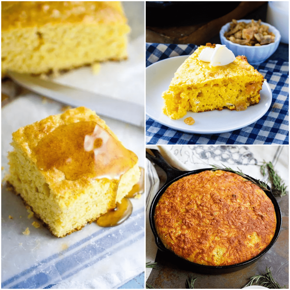 Square collage of three cornbread recipes.