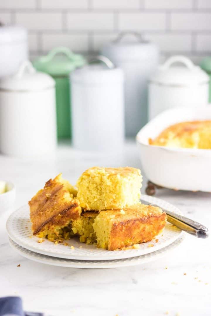 cornbread made with creamed corn on white plate
