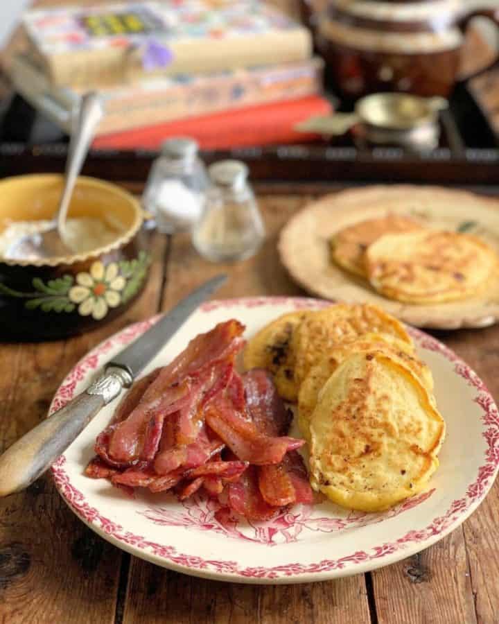 cottage cheese griddle cakes with bacon on the side