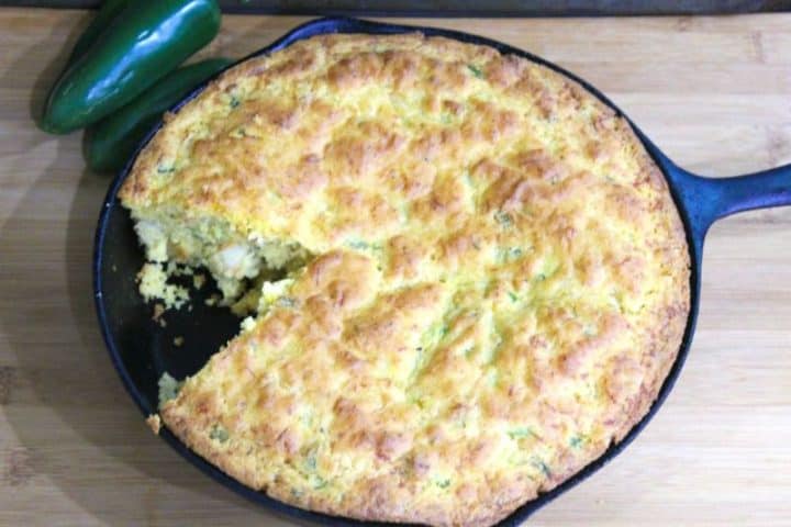 crawfish jalapeno cornbread in cast iron pan