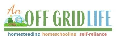 Logo with the text "An OFF GRID LIFE" and the words "homesteading, homeschooling, self-reliance" below, alongside an illustration of a house, trees, and sun.